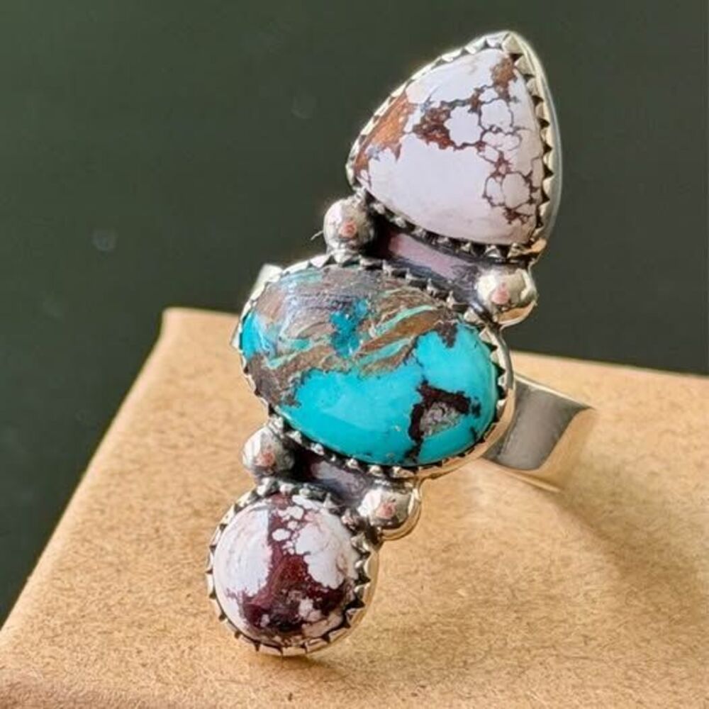 Wild Horse & Blue Turquoise Sterling Silver Ring — Adjustable 7–8.5